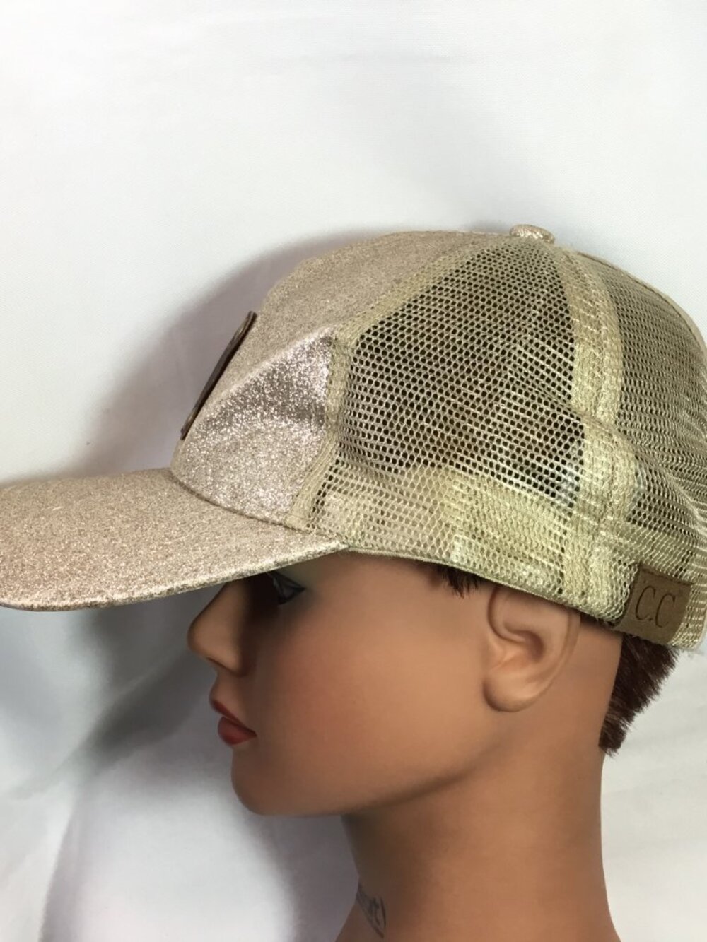 Upcycled LV Patch Distressed Trucker Hat CC Ponytail Cap Bling Gold Sparkle Mesh - Picture 2 of 13